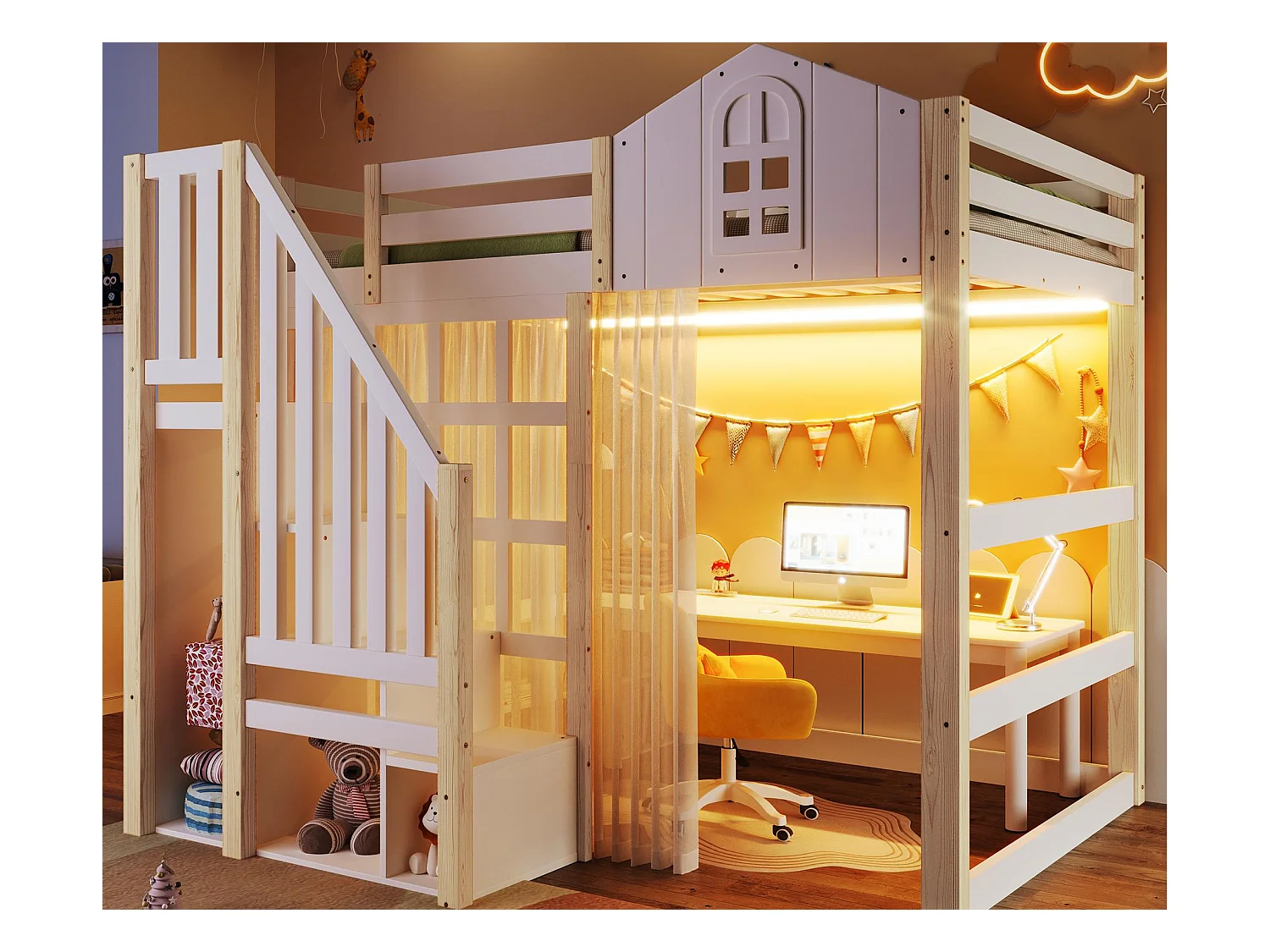 Lit mezzanine 90x200 cm - avec éclairage LED - avec échelle de rangement - avec compartiments de rangement - Blanc + Naturel