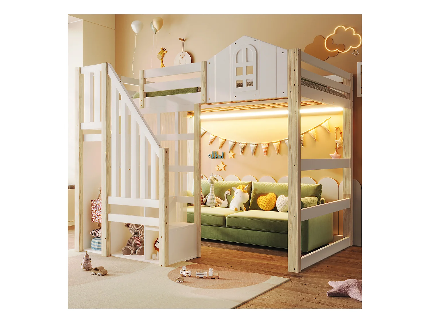 Lit mezzanine 90x200 cm - avec éclairage LED - avec échelle de rangement - avec compartiments de rangement - Blanc + Naturel