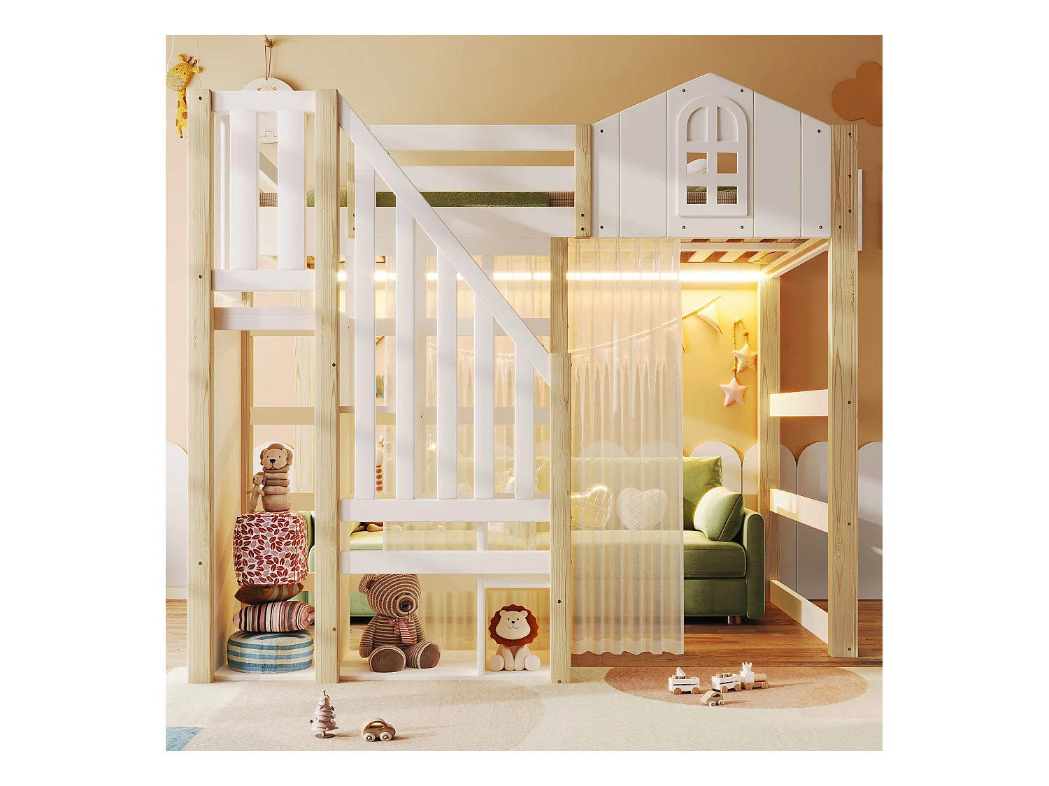 Lit mezzanine 90x200 cm - avec éclairage LED - avec échelle de rangement - avec compartiments de rangement - Blanc + Naturel