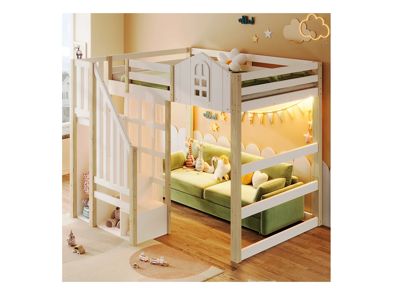 Lit mezzanine 90x200 cm - avec éclairage LED - avec échelle de rangement - avec compartiments de rangement - Blanc + Naturel