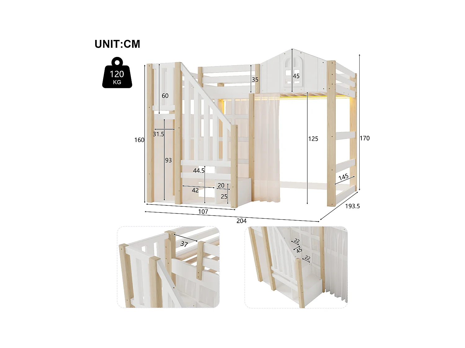 Lit mezzanine 90x200 cm - avec éclairage LED - avec échelle de rangement - avec compartiments de rangement - Blanc + Naturel