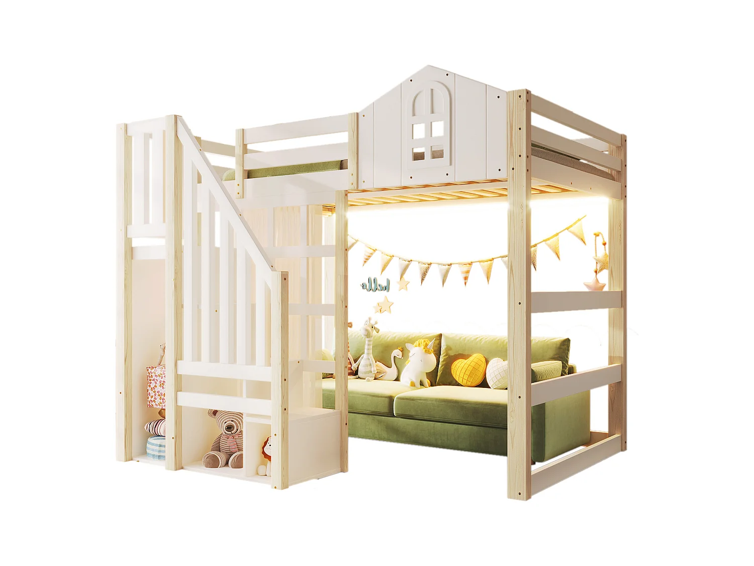 Lit mezzanine 90x200 cm - avec éclairage LED - avec échelle de rangement - avec compartiments de rangement - Blanc + Naturel