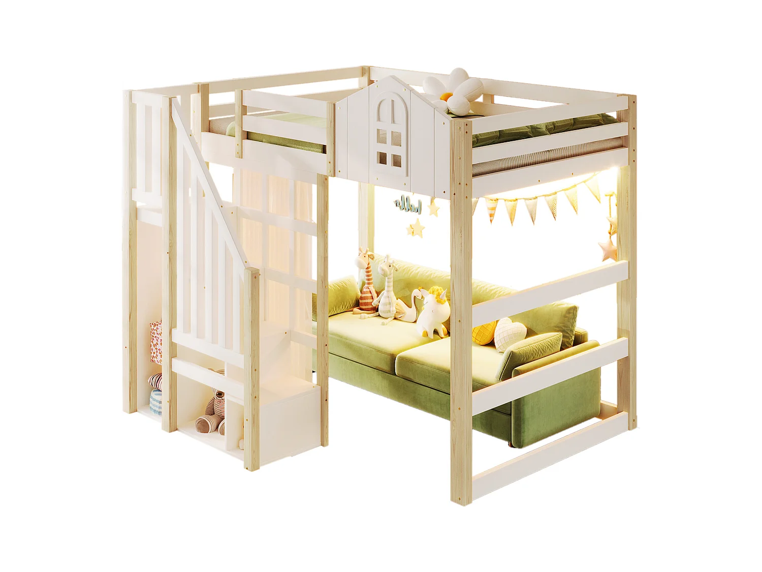 Lit mezzanine 90x200 cm - avec éclairage LED - avec échelle de rangement - avec compartiments de rangement - Blanc + Naturel