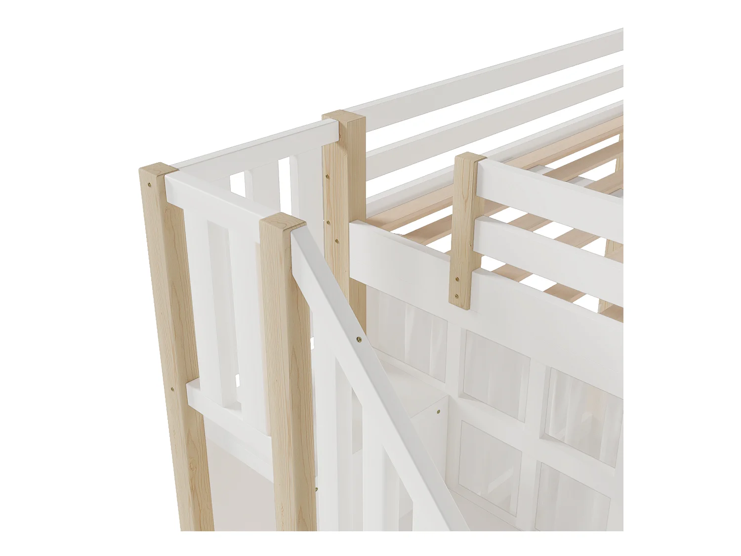 Lit mezzanine 90x200 cm - avec éclairage LED - avec échelle de rangement - avec compartiments de rangement - Blanc + Naturel