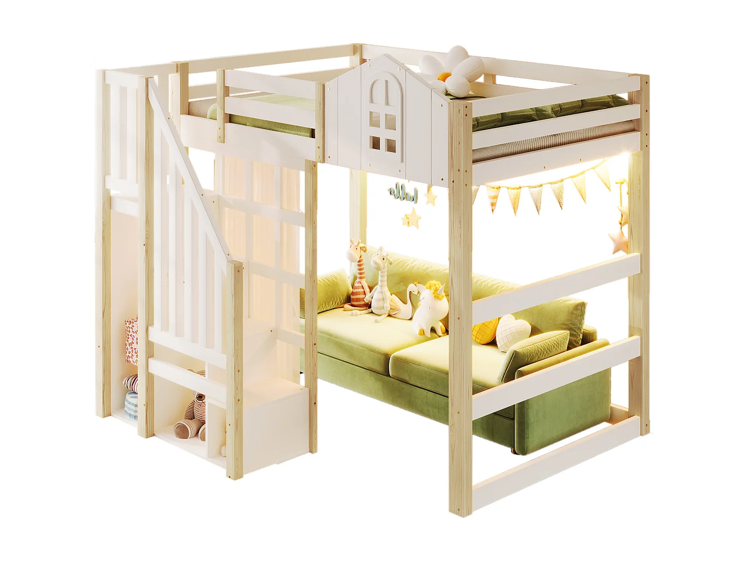 Letto soppalcato 90x200 cm - con illuminazione LED - con scala ripostiglio - con compartimenti di archiviazione - Bianco + Naturale