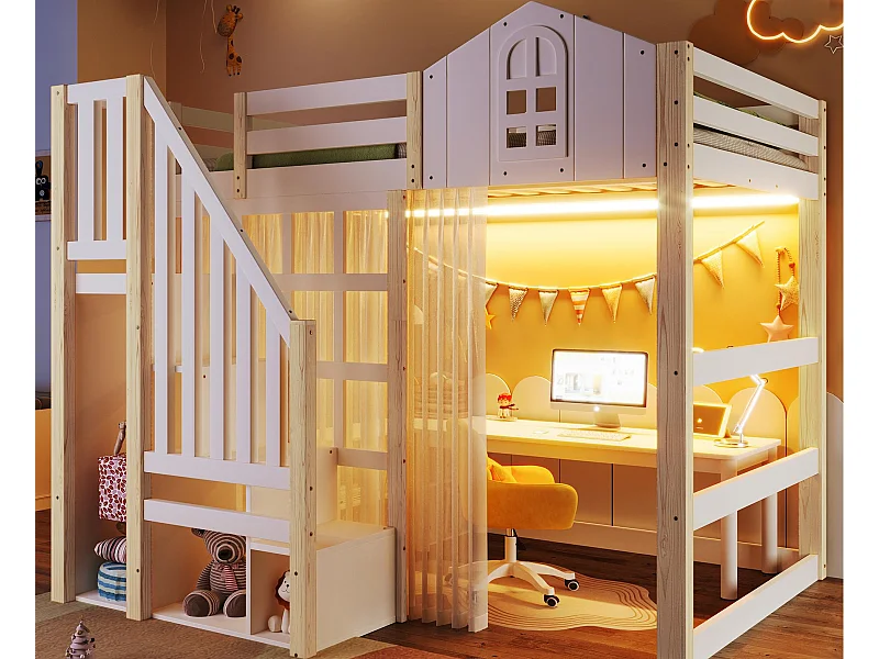 Letto soppalcato 90x200 cm - con illuminazione LED - con scala ripostiglio - con compartimenti di archiviazione - Bianco + Naturale