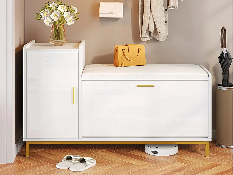 Meuble à chaussures brillant 100x38x68 cm - avec 2 portes - avec table à langer - Pieds en métal - Blanc + or