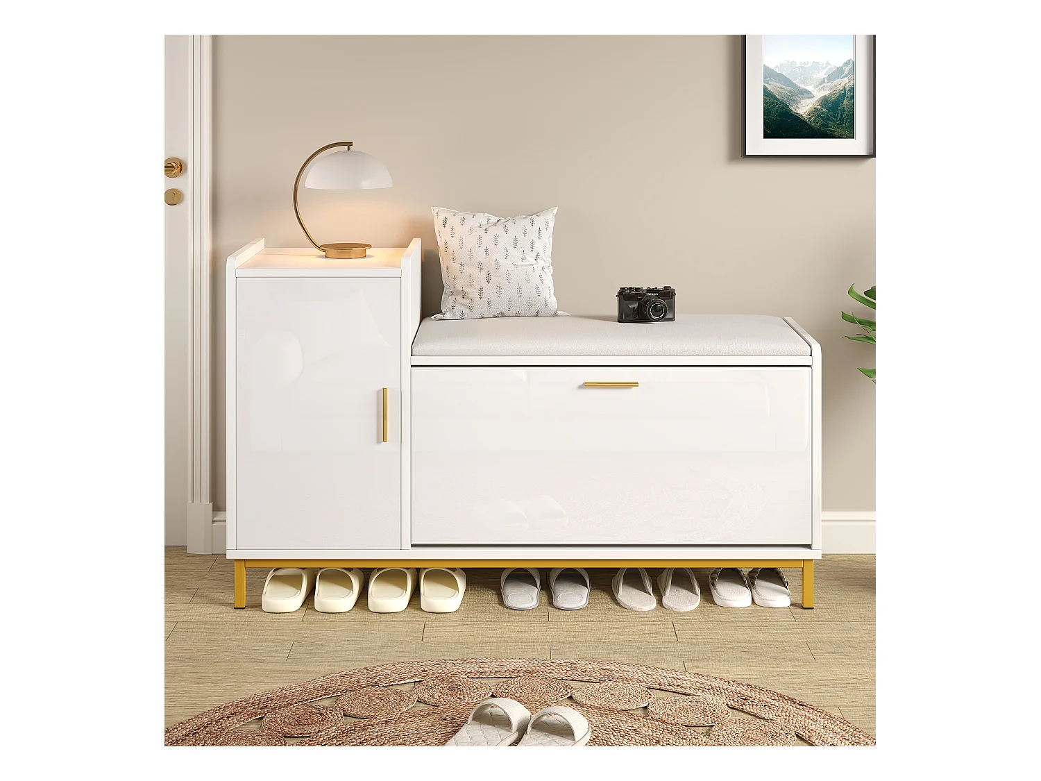 Meuble à chaussures brillant 100x38x68 cm - avec 2 portes - avec table à langer - Pieds en métal - Blanc + or