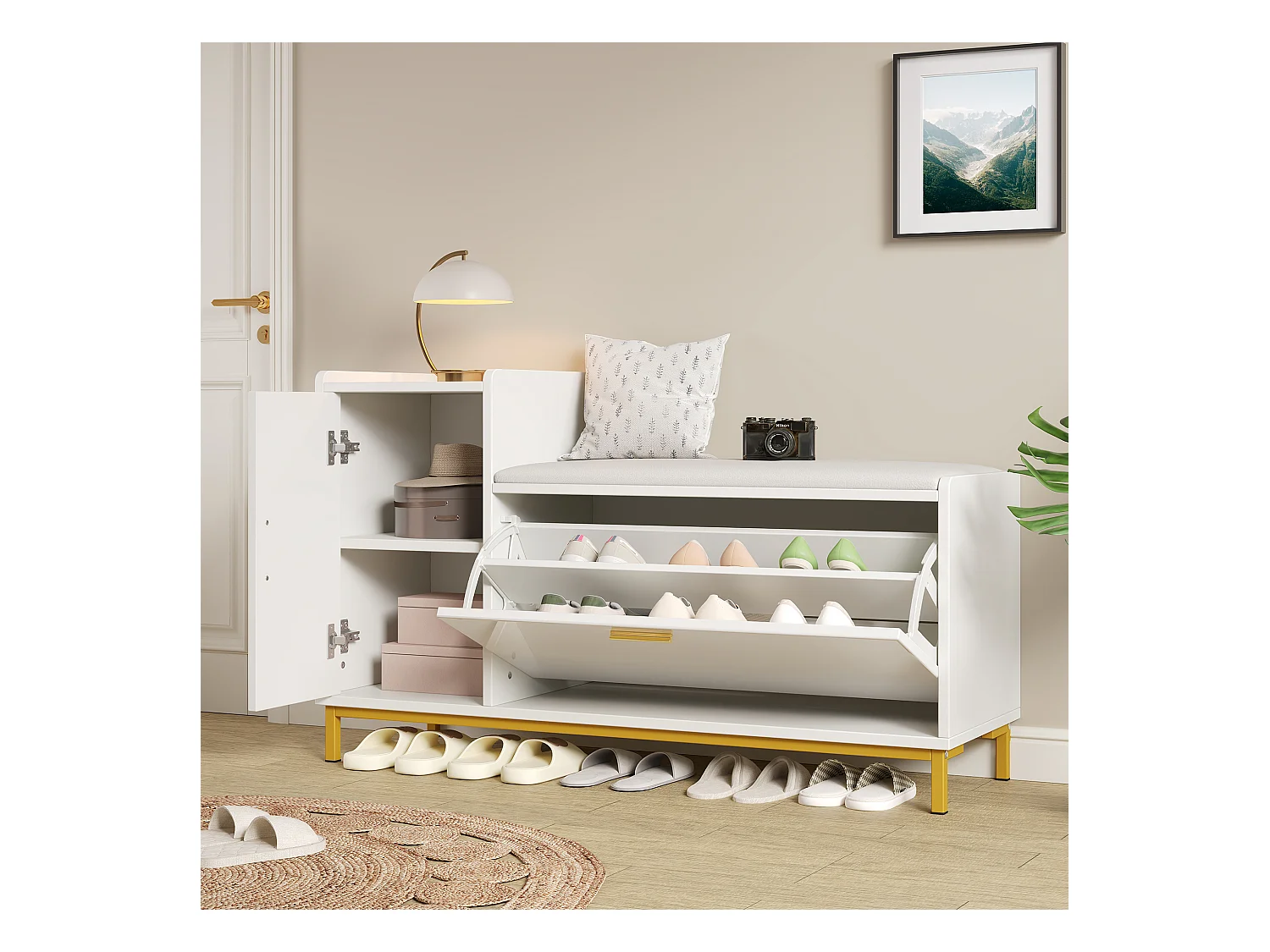 Meuble à chaussures brillant 100x38x68 cm - avec 2 portes - avec table à langer - Pieds en métal - Blanc + or