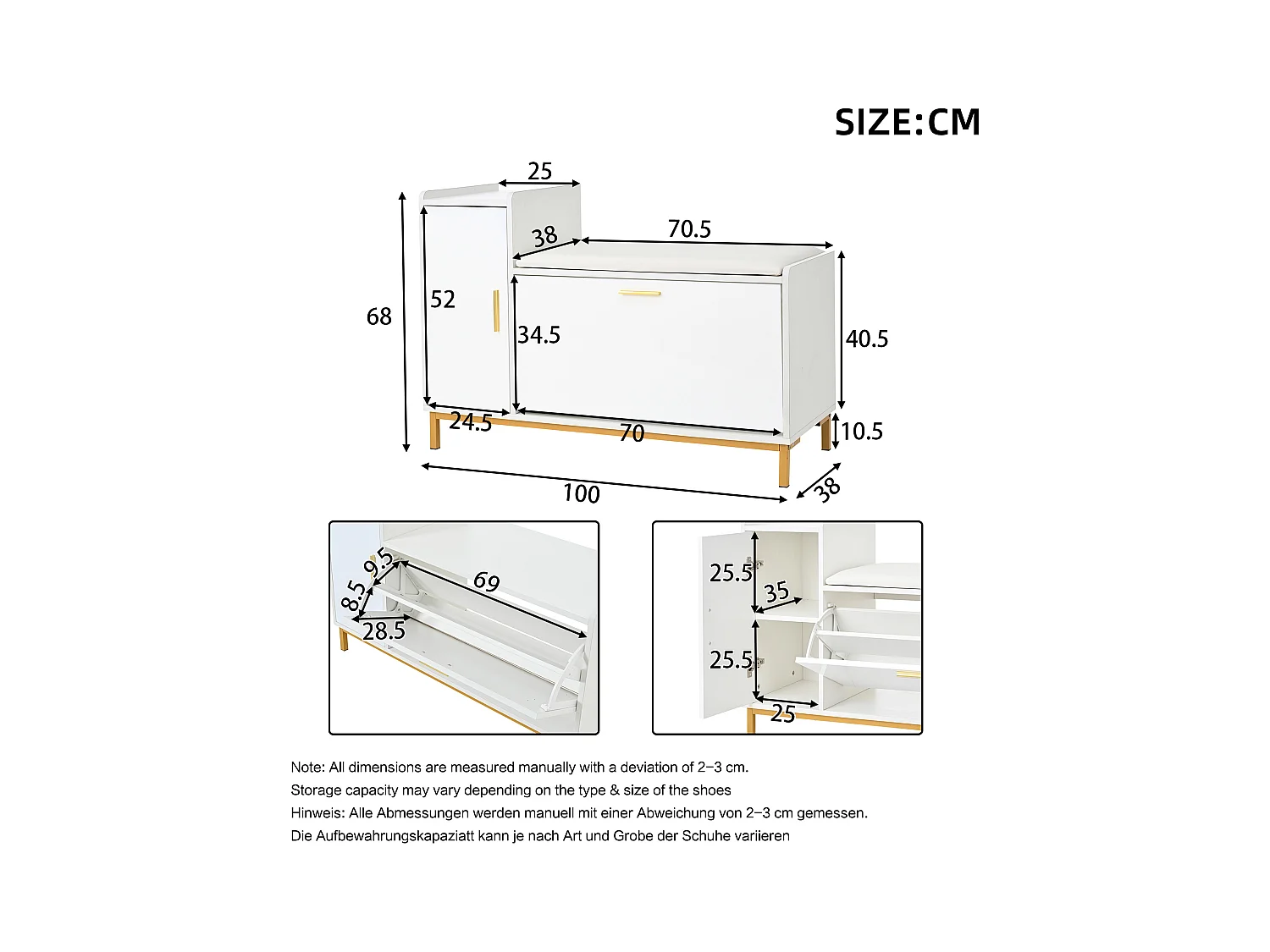 Meuble à chaussures brillant 100x38x68 cm - avec 2 portes - avec table à langer - Pieds en métal - Blanc + or
