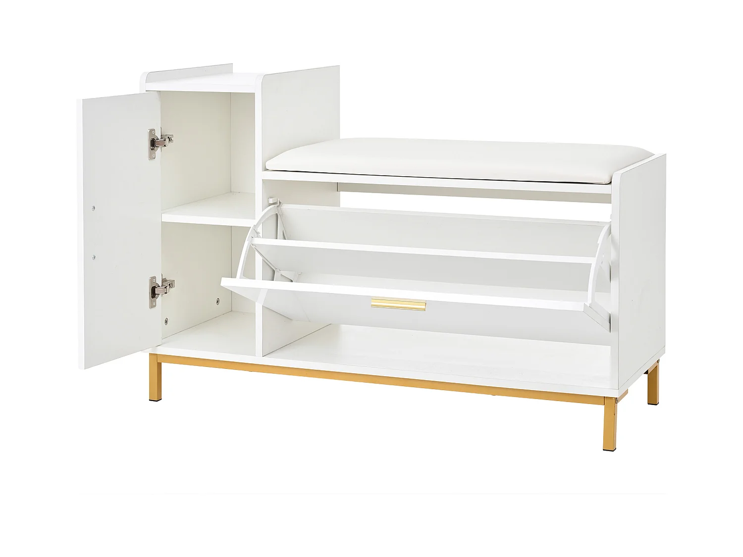 Meuble à chaussures brillant 100x38x68 cm - avec 2 portes - avec table à langer - Pieds en métal - Blanc + or