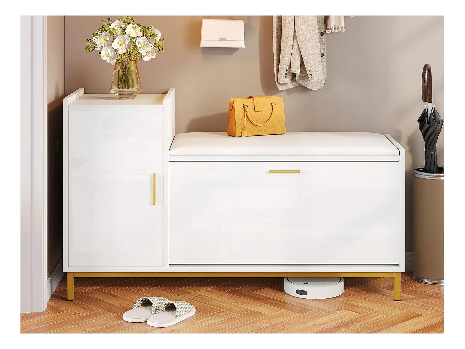 Meuble à chaussures brillant 100x38x68 cm - avec 2 portes - avec table à langer - Pieds en métal - Blanc + or