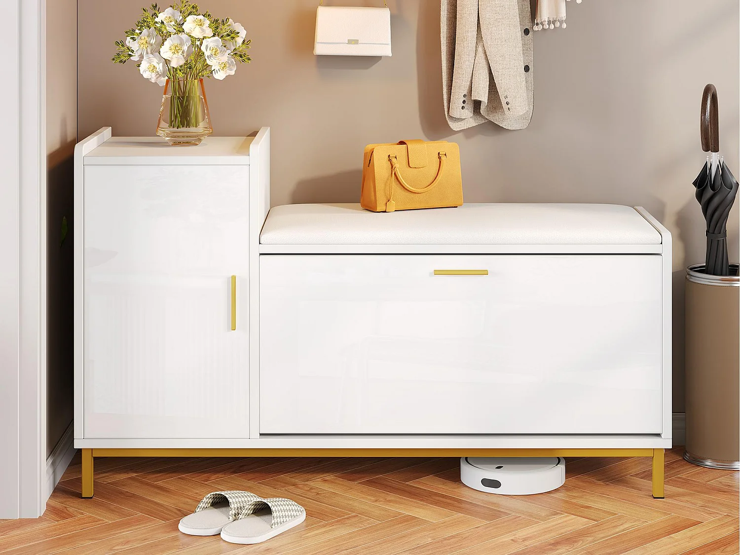 Meuble à chaussures brillant 100x38x68 cm - avec 2 portes - avec table à langer - Pieds en métal - Blanc + or