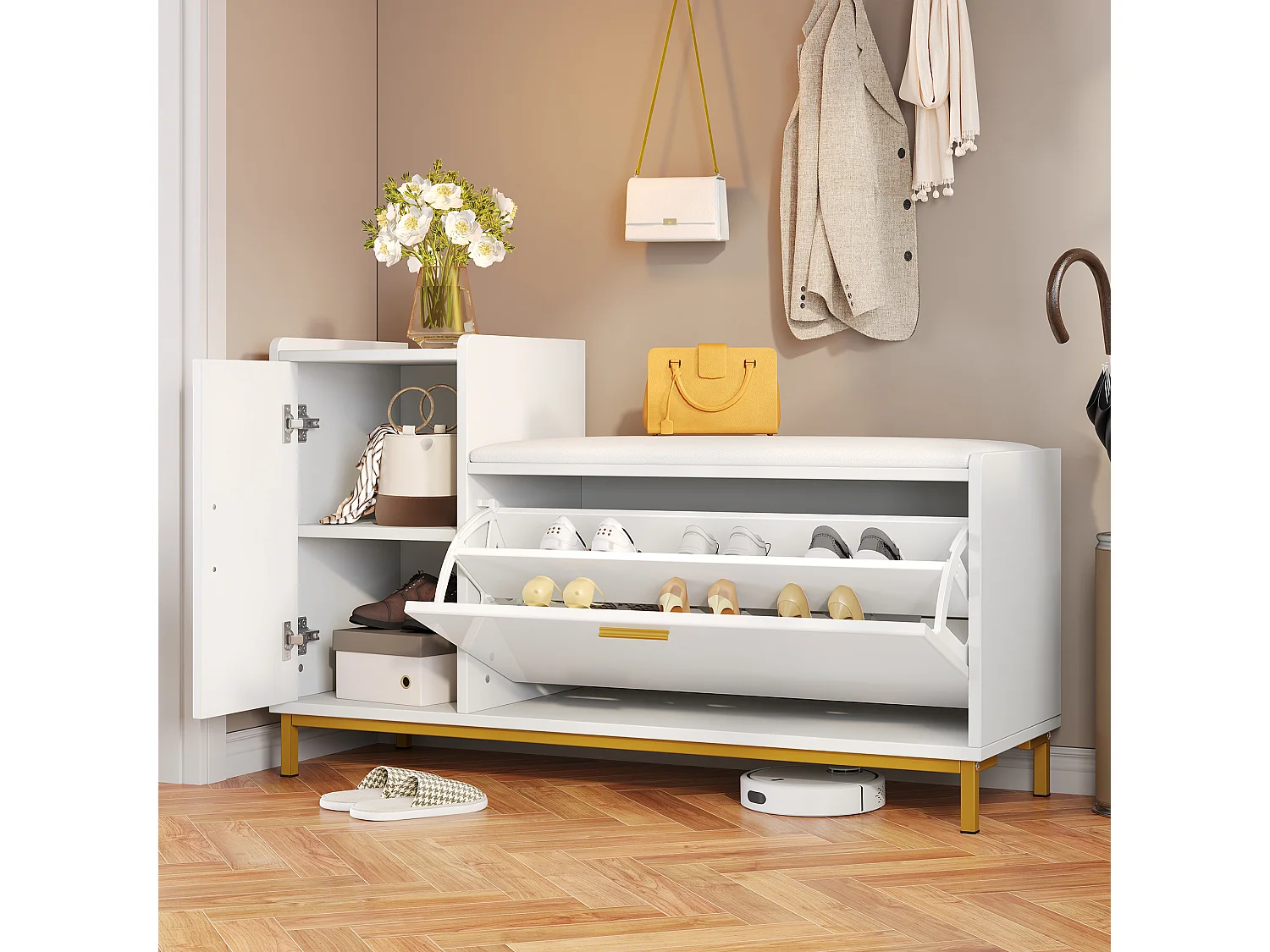 Meuble à chaussures brillant 100x38x68 cm - avec 2 portes - avec table à langer - Pieds en métal - Blanc + or