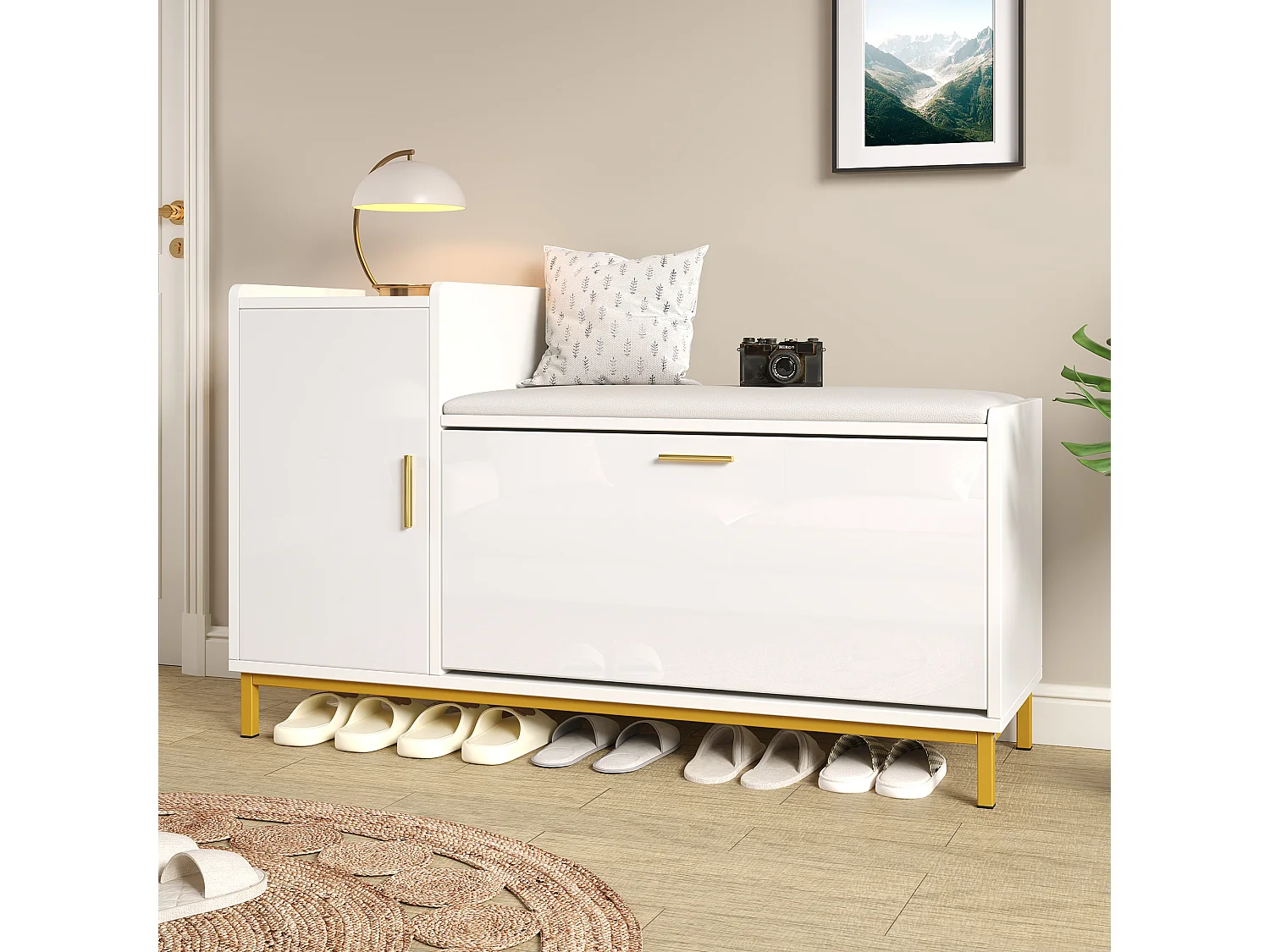 Meuble à chaussures brillant 100x38x68 cm - avec 2 portes - avec table à langer - Pieds en métal - Blanc + or