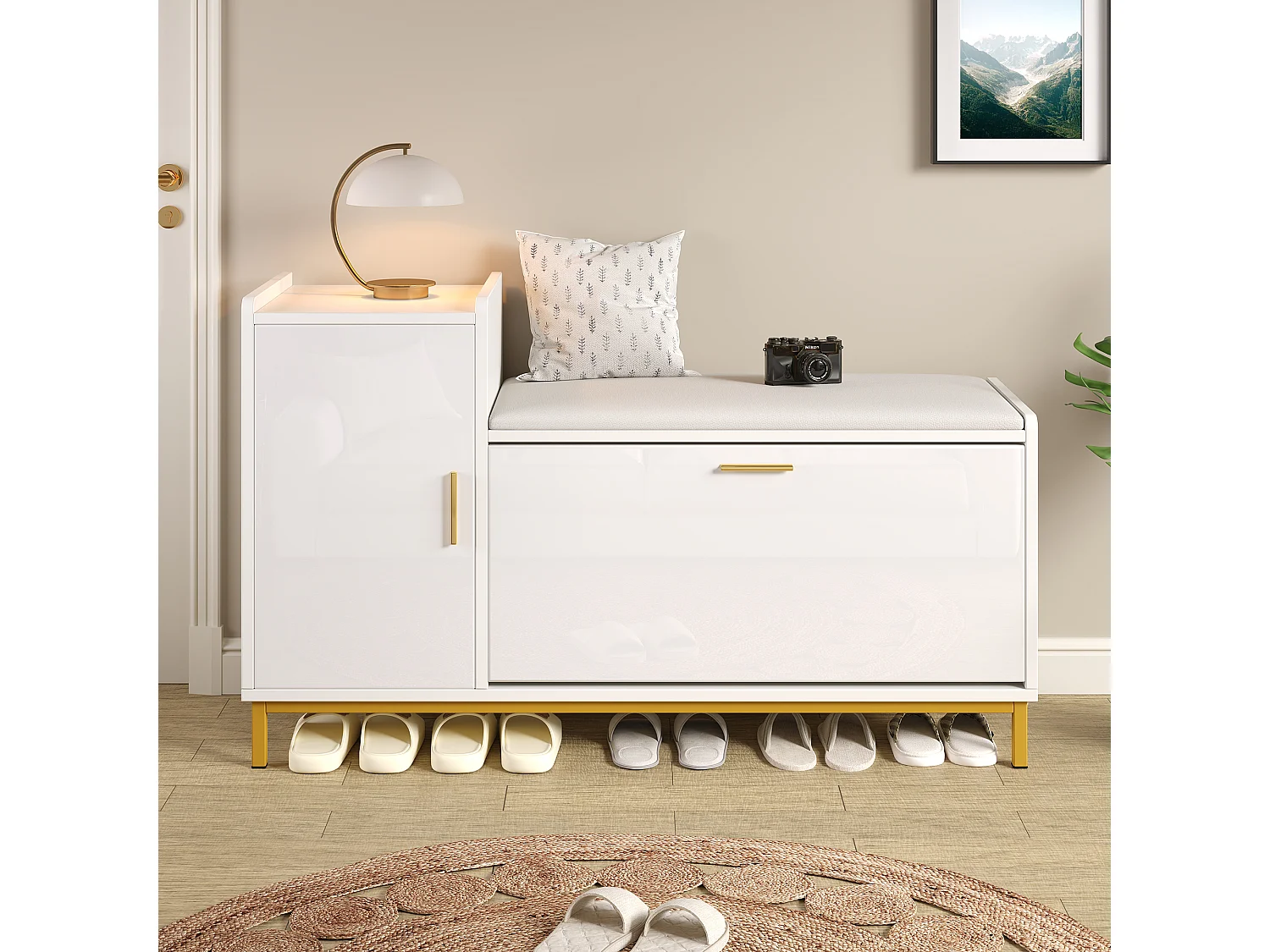 Meuble à chaussures brillant 100x38x68 cm - avec 2 portes - avec table à langer - Pieds en métal - Blanc + or