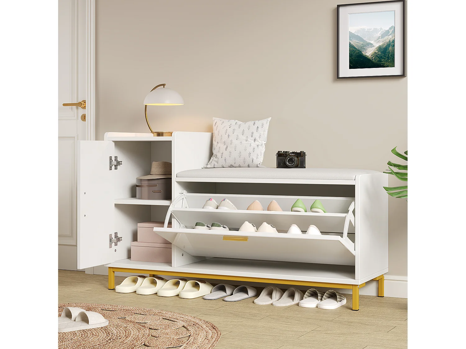 Meuble à chaussures brillant 100x38x68 cm - avec 2 portes - avec table à langer - Pieds en métal - Blanc + or