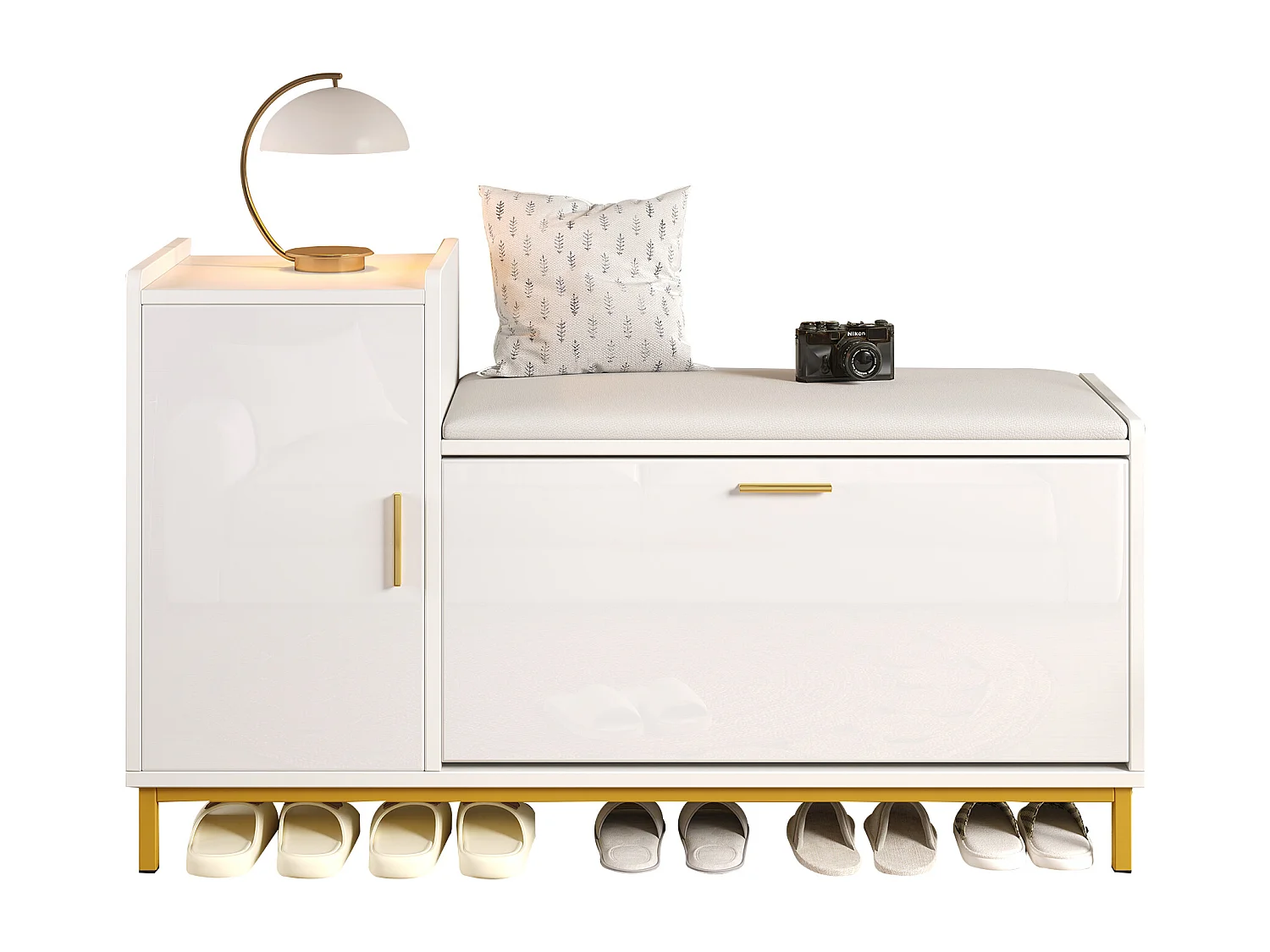 Meuble à chaussures brillant 100x38x68 cm - avec 2 portes - avec table à langer - Pieds en métal - Blanc + or