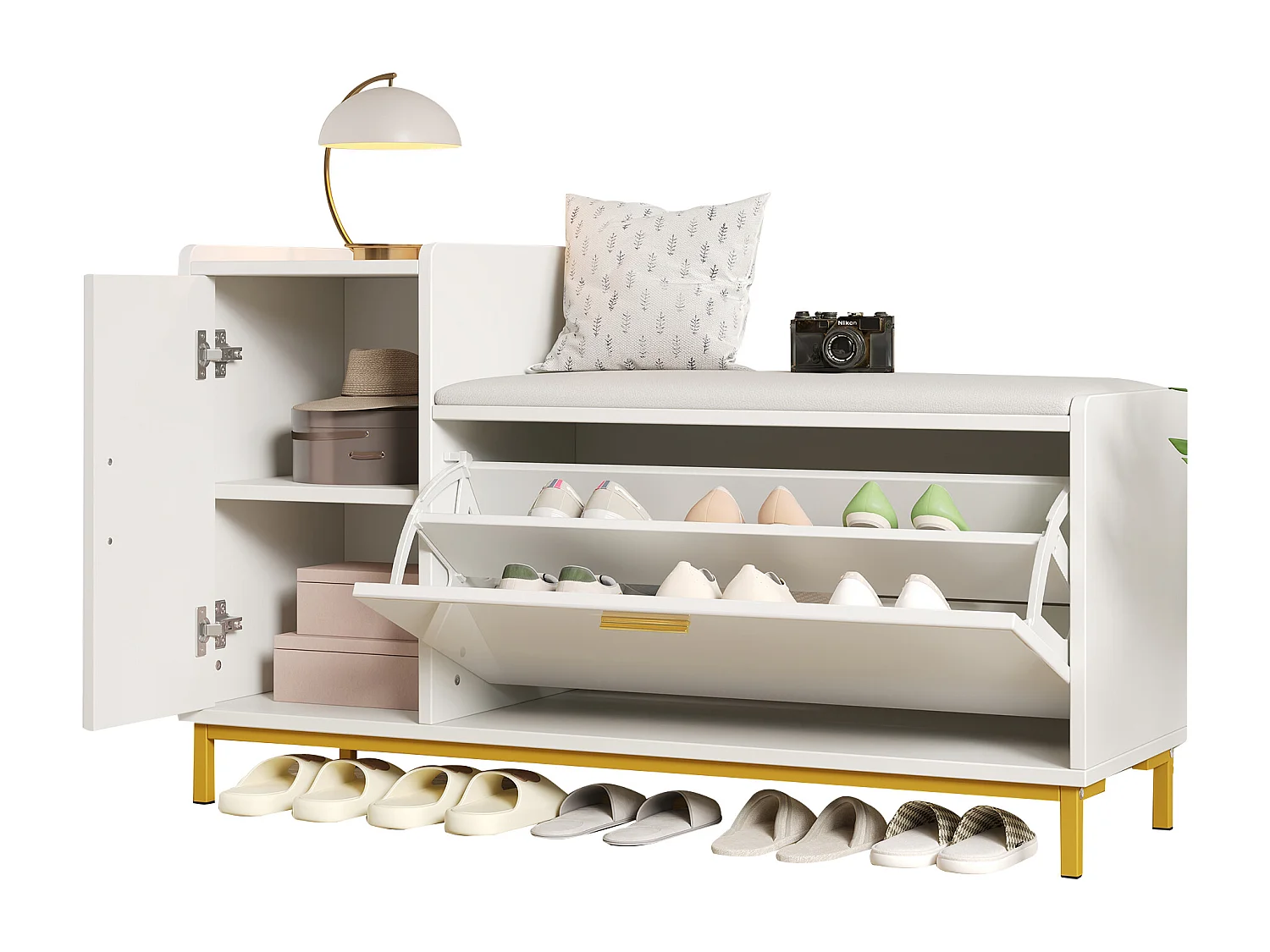 Meuble à chaussures brillant 100x38x68 cm - avec 2 portes - avec table à langer - Pieds en métal - Blanc + or