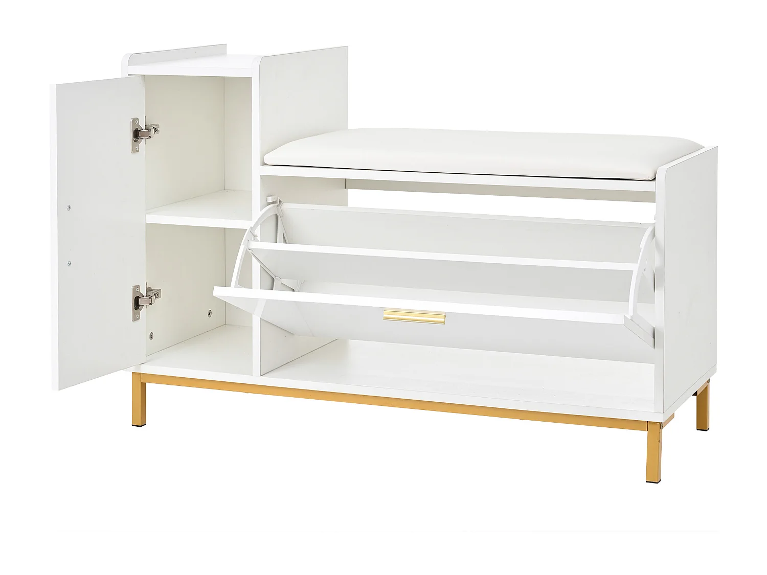 Meuble à chaussures brillant 100x38x68 cm - avec 2 portes - avec table à langer - Pieds en métal - Blanc + or