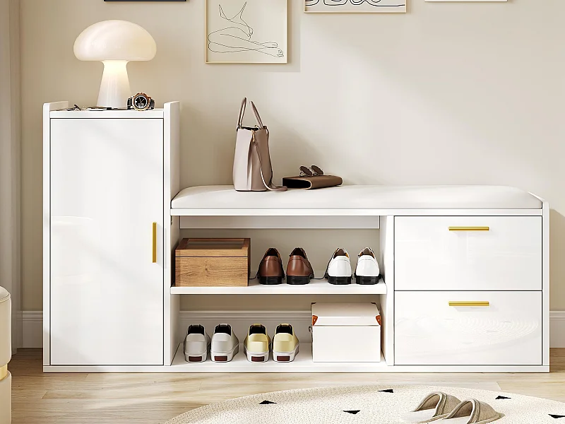 Schuhschrank 128x30x68 cm - mit 2 Schubladen und 1 Tür - mit Schuhbank - Hochglanzfinish - Weiß