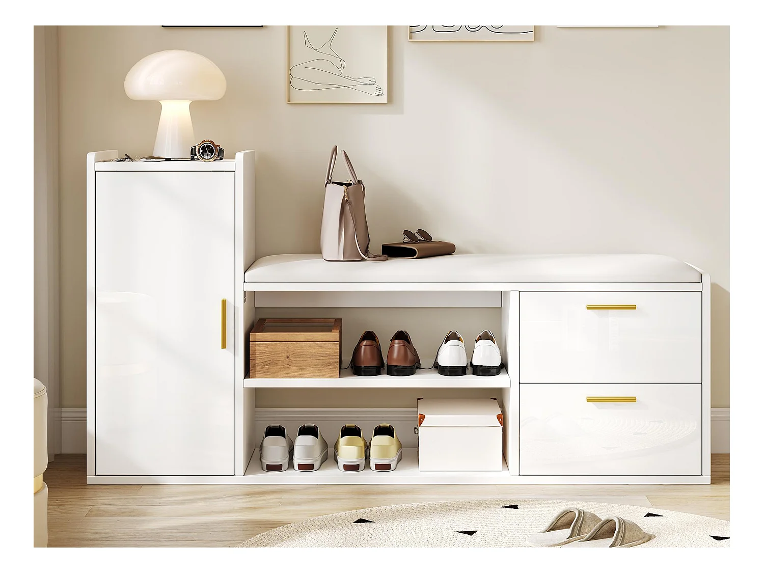 Meuble à chaussures 128x30x68cm - avec 2 tiroirs et 1 porte - avec banc à chaussures - Finition brillante - Blanc