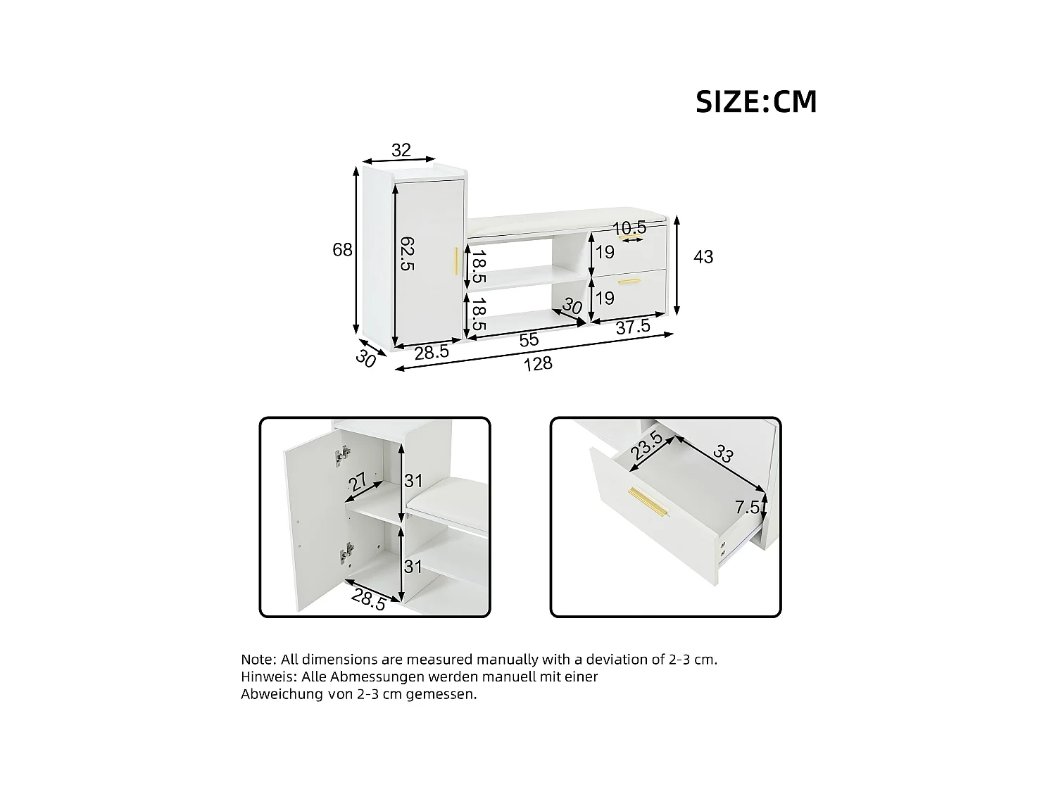 Meuble à chaussures 128x30x68cm - avec 2 tiroirs et 1 porte - avec banc à chaussures - Finition brillante - Blanc