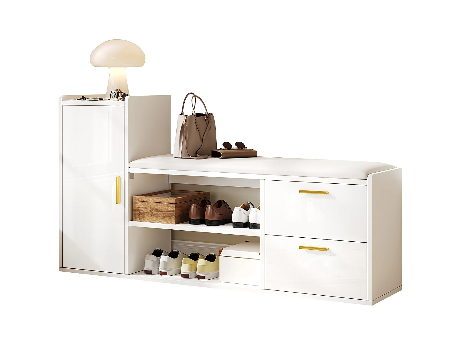 Meuble à chaussures 128x30x68cm - avec 2 tiroirs et 1 porte - avec banc à chaussures - Finition brillante - Blanc