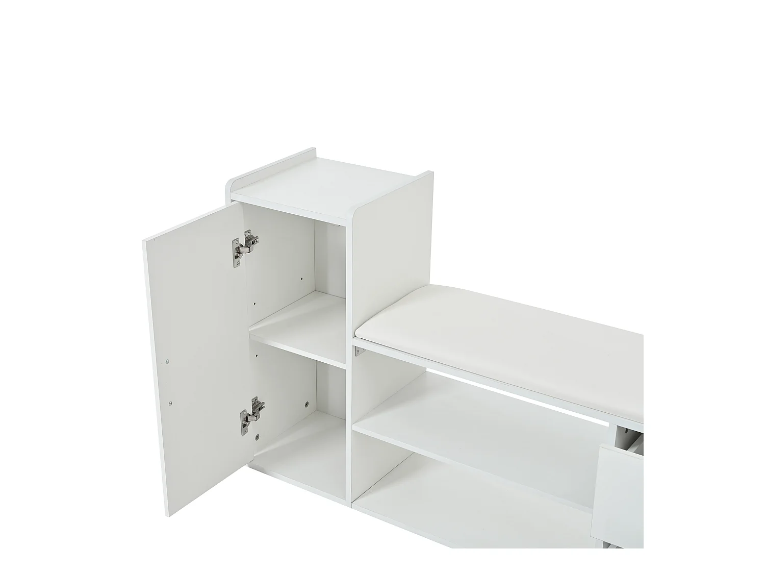 Meuble à chaussures 128x30x68cm - avec 2 tiroirs et 1 porte - avec banc à chaussures - Finition brillante - Blanc