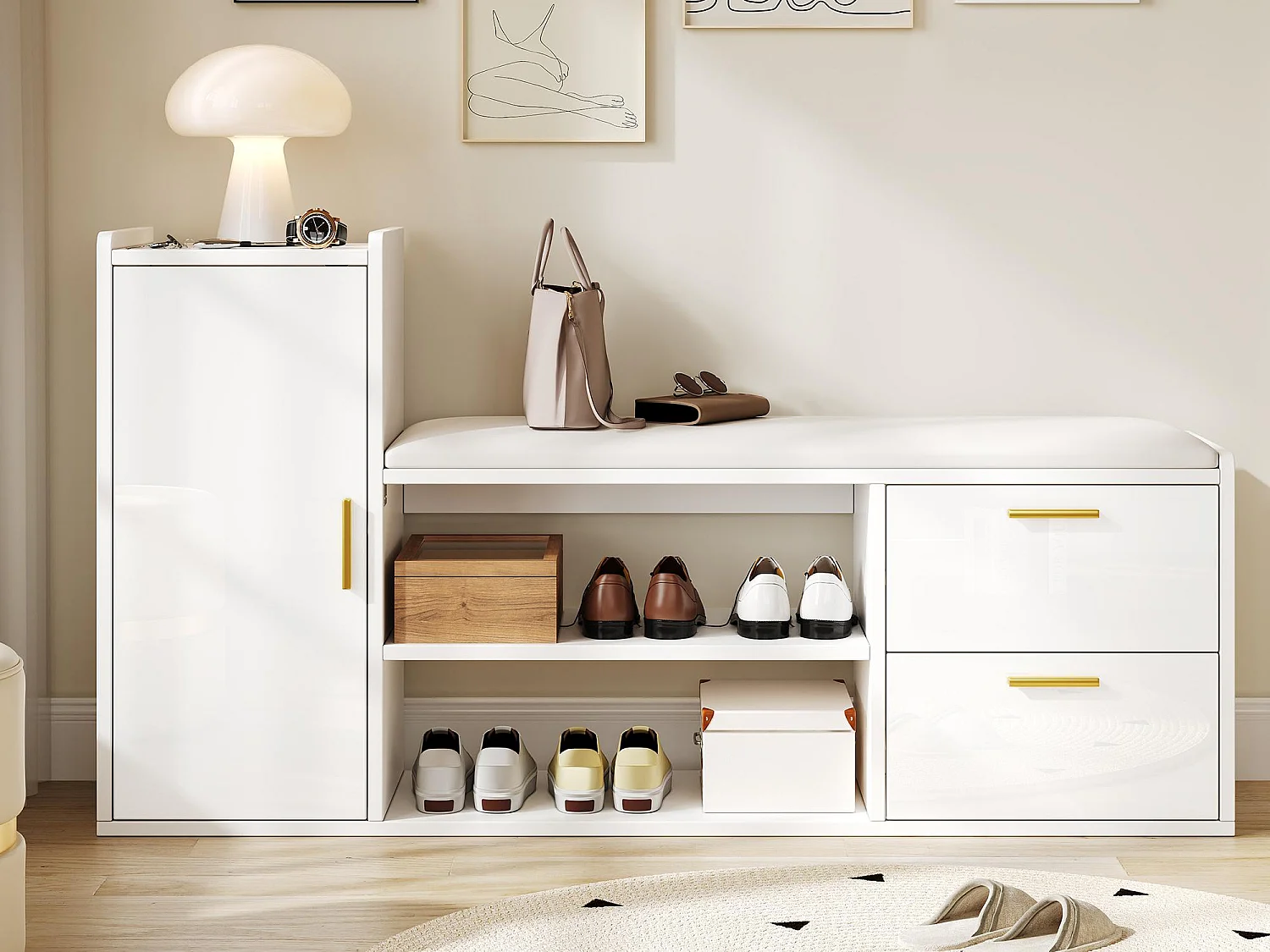 Mobile per scarpe 128x30x68 cm - con 2 cassetti e 1 anta - con panca per scarpe - Finitura lucida - Bianco