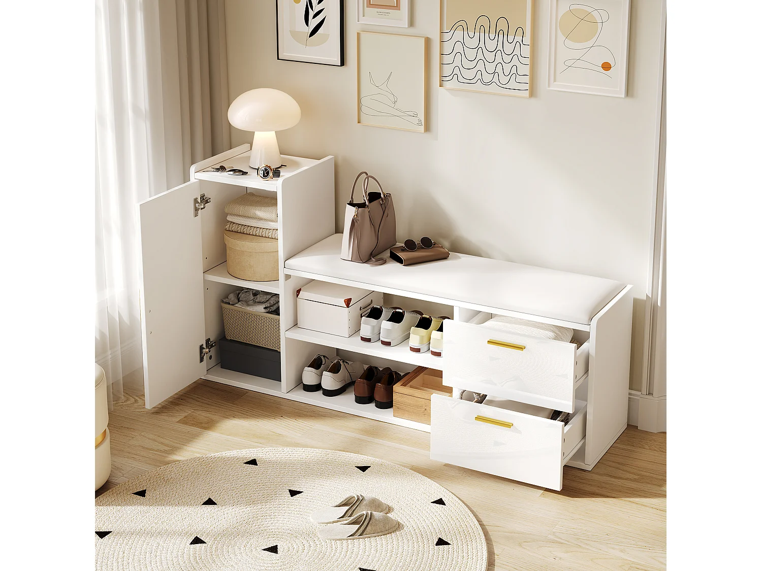 Mobile per scarpe 128x30x68 cm - con 2 cassetti e 1 anta - con panca per scarpe - Finitura lucida - Bianco