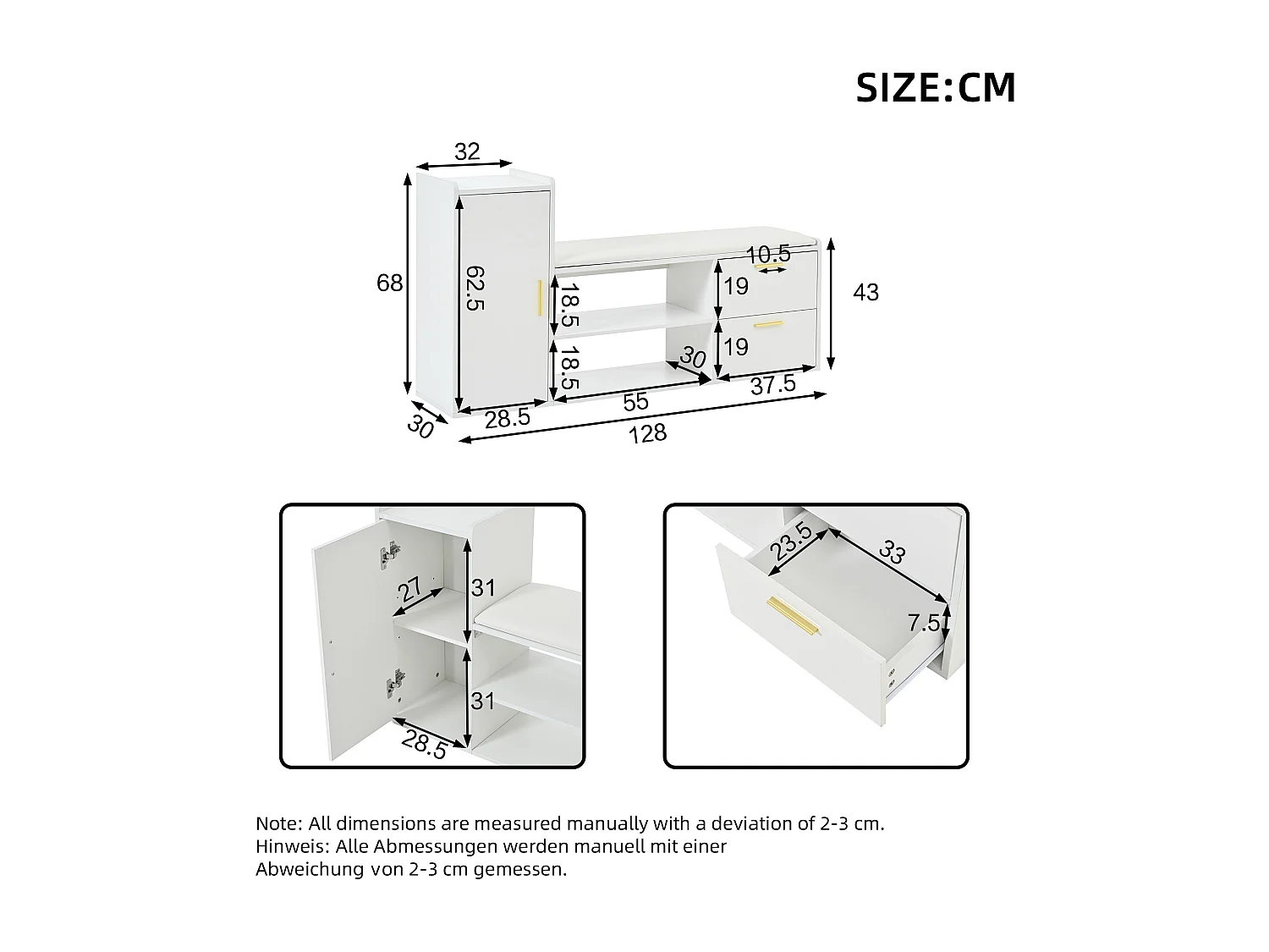 Mobile per scarpe 128x30x68 cm - con 2 cassetti e 1 anta - con panca per scarpe - Finitura lucida - Bianco
