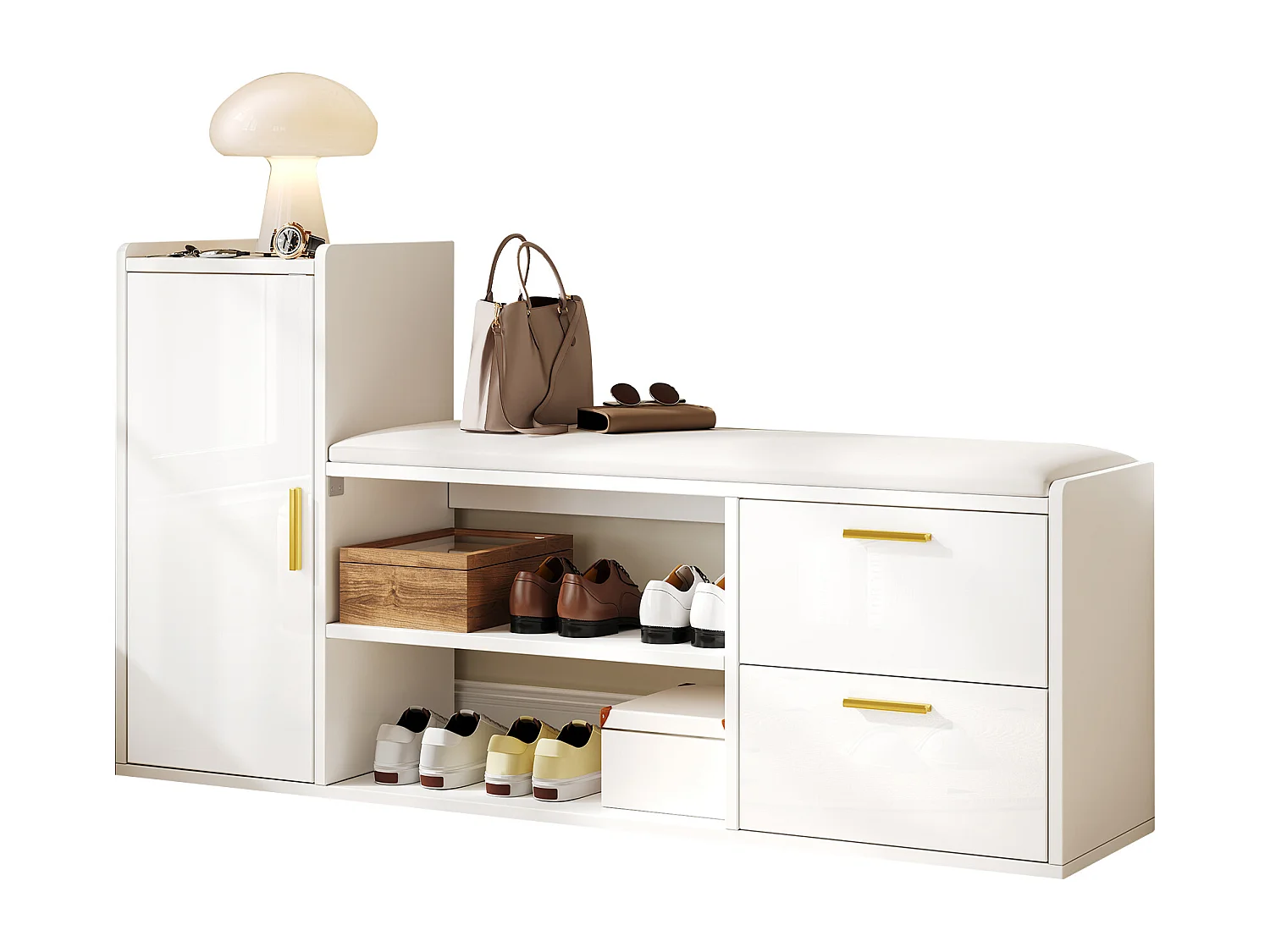 Mobile per scarpe 128x30x68 cm - con 2 cassetti e 1 anta - con panca per scarpe - Finitura lucida - Bianco