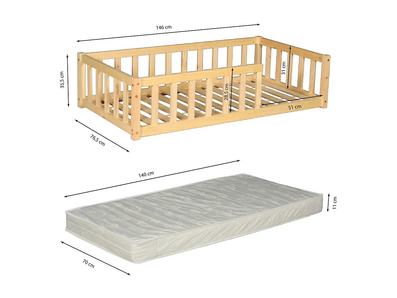 Lit NINO 70x140 avec sommier et Matelas / Naturel