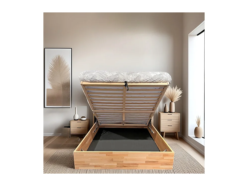 Lit coffre 120x200cm BEN + sommier/ Hêtre massif huilé