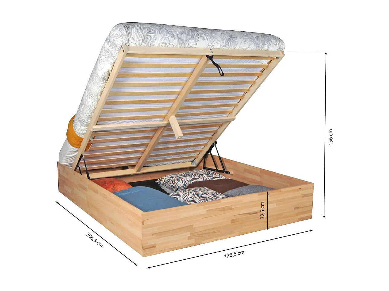 Lit coffre 120x200cm BEN + sommier/ Hêtre massif huilé