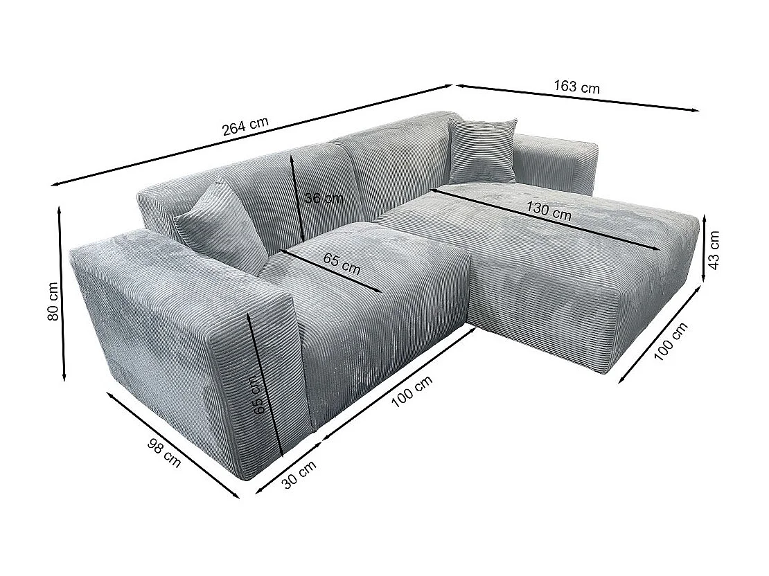 Canapé d'angle réversible LANA en velours côtelé / Gris