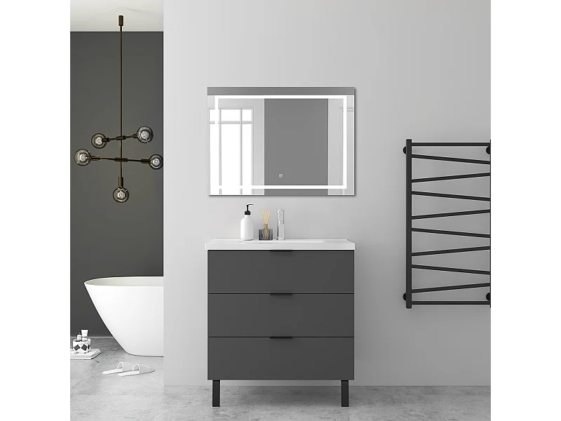 AICA Ensembles de meubles de Salle de Bain 80cm avec Pieds, et vasque en céramique, 3 tiroirs, Anthracite, Style Moderne