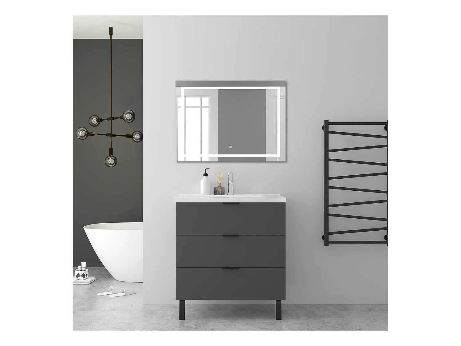 AICA Ensembles de meubles de Salle de Bain 80cm avec Pieds, et vasque en céramique, 3 tiroirs, Anthracite, Style Moderne