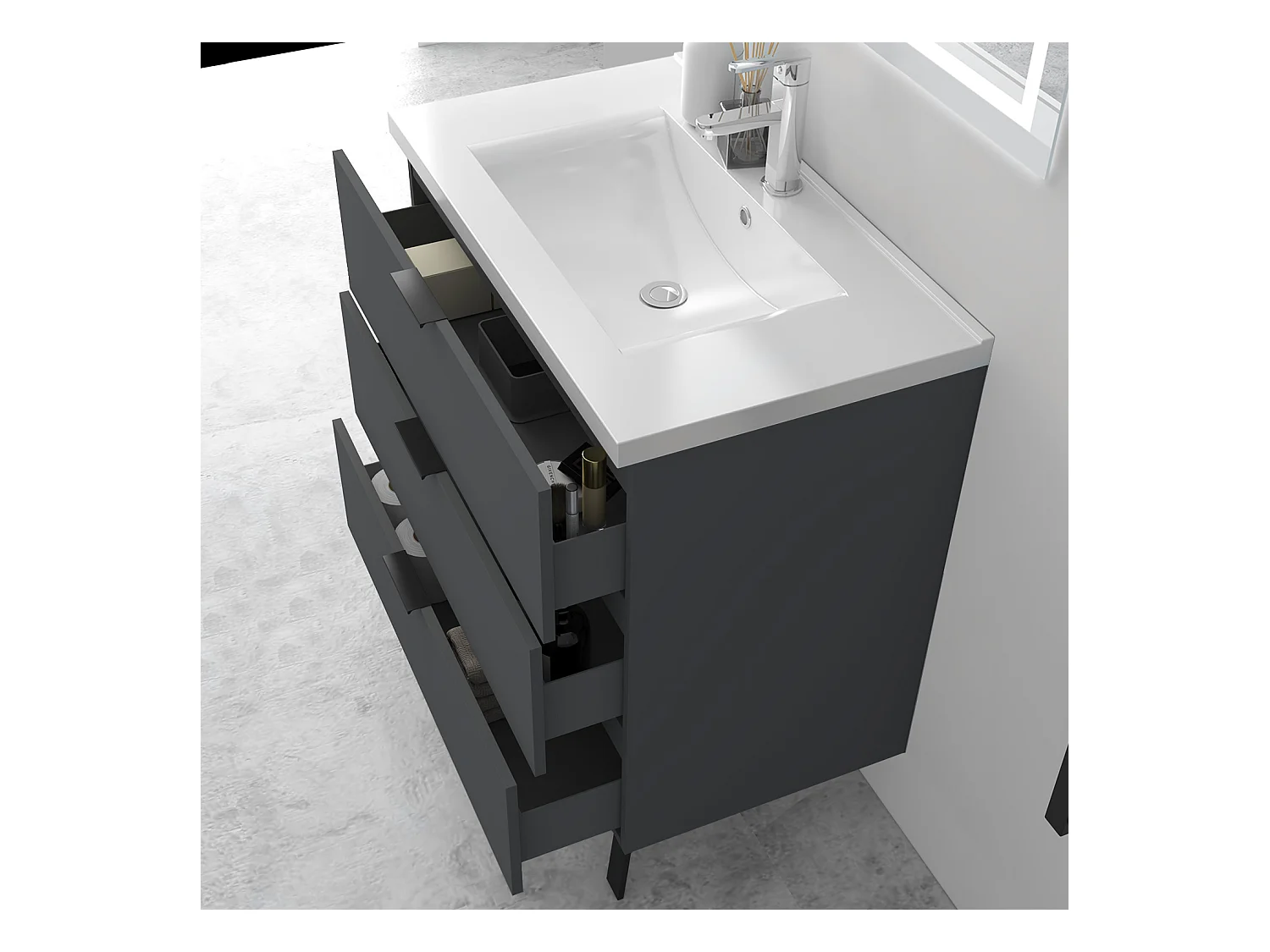 AICA Ensembles de meubles de Salle de Bain 80cm avec Pieds, et vasque en céramique, 3 tiroirs, Anthracite, Style Moderne