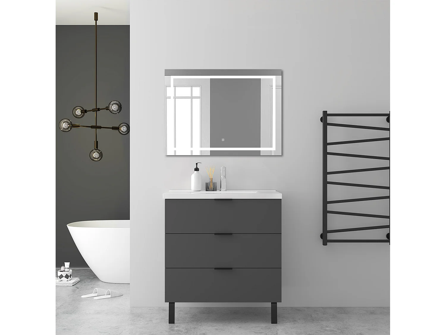 AICA Ensembles de meubles de Salle de Bain 80cm avec Pieds, et vasque en céramique, 3 tiroirs, Anthracite, Style Moderne