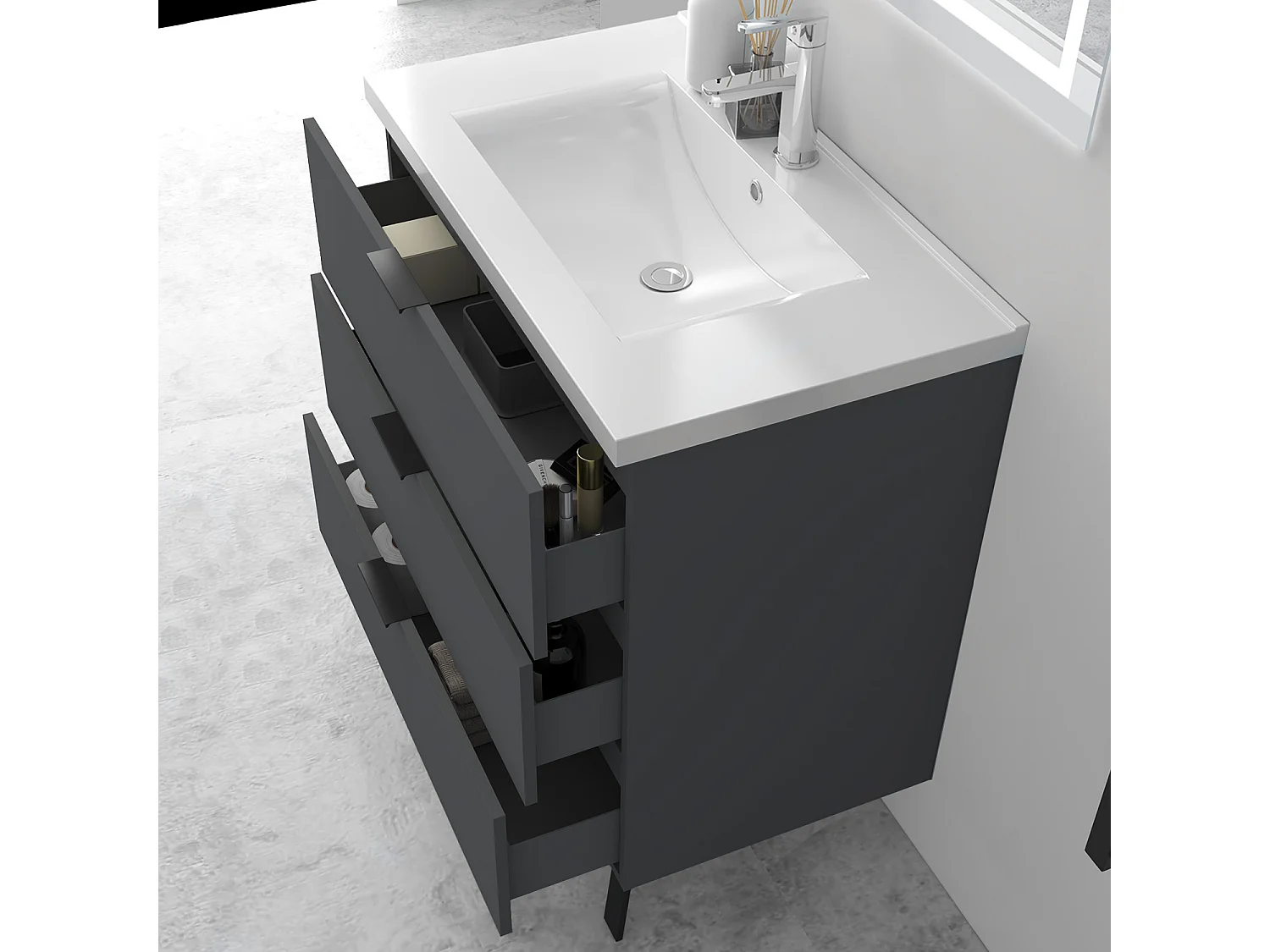 AICA Ensembles de meubles de Salle de Bain 80cm avec Pieds, et vasque en céramique, 3 tiroirs, Anthracite, Style Moderne
