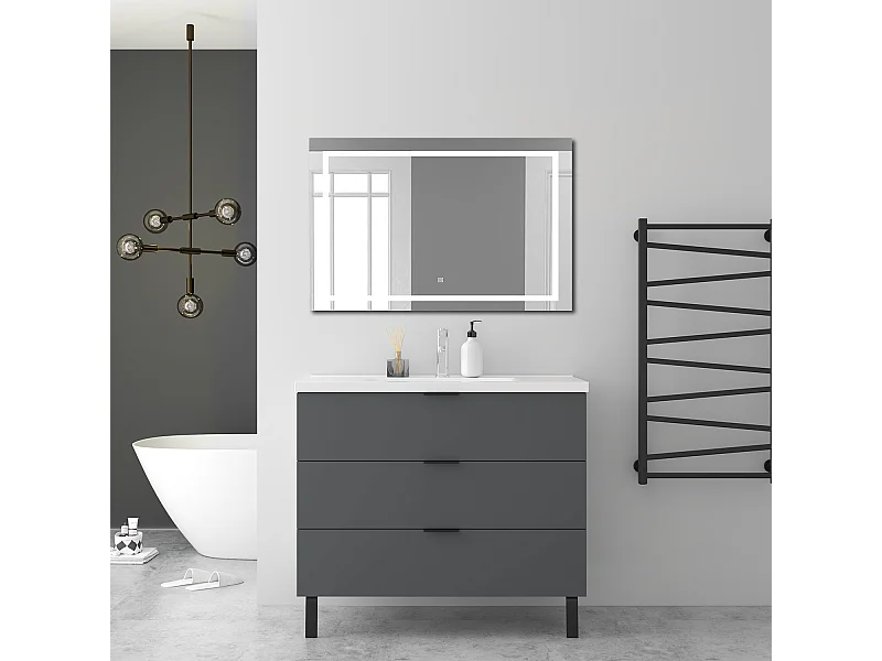 AICA Ensembles de meubles de Salle de Bain 100cm avec Pieds, et vasque en céramique, 3 tiroirs, Anthracite, Style Moderne