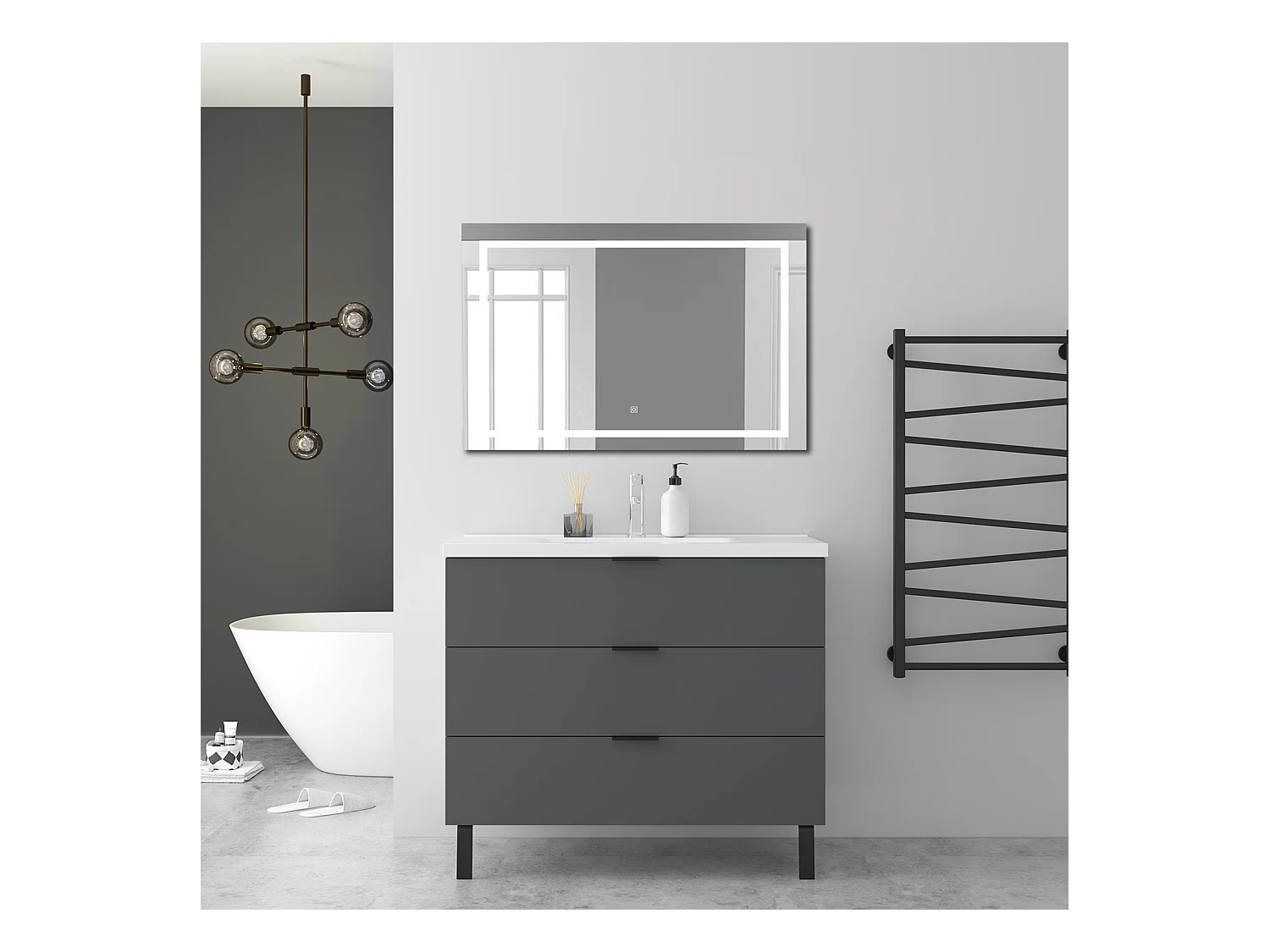 AICA Ensembles de meubles de Salle de Bain 100cm avec Pieds, et vasque en céramique, 3 tiroirs, Anthracite, Style Moderne