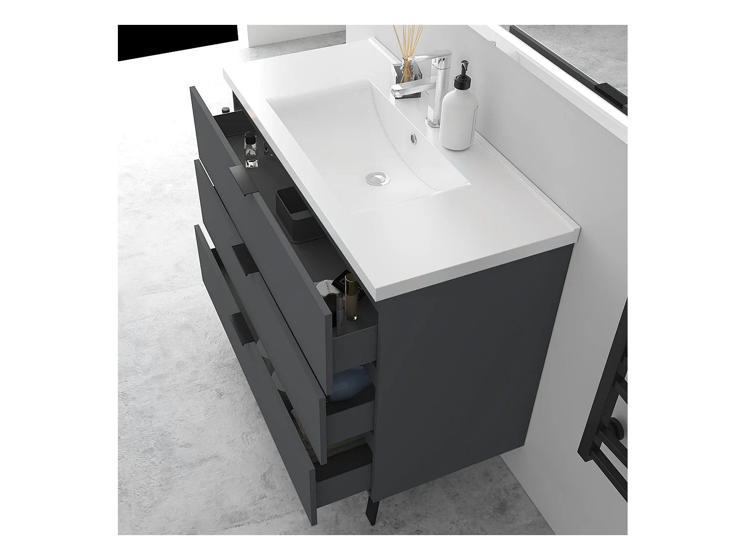 AICA Ensembles de meubles de Salle de Bain 100cm avec Pieds, et vasque en céramique, 3 tiroirs, Anthracite, Style Moderne