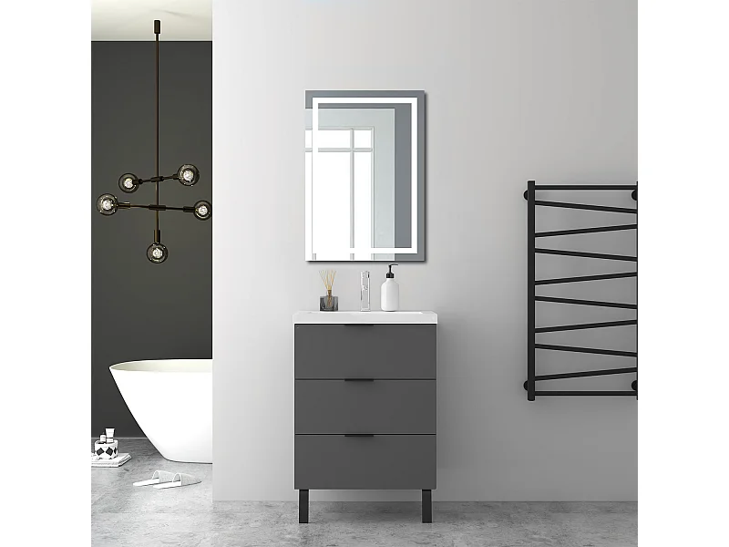 AICA Ensembles de meubles de Salle de Bain 60cm avec Pieds, et vasque en céramique, 3 tiroirs, Anthracite, Style Moderne