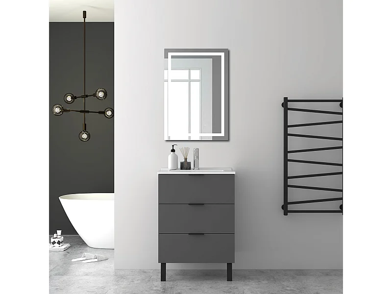 AICA Ensembles de meubles de Salle de Bain 60cm avec Pieds, et blanc vasque en céramique, 3 tiroirs, Anthracite, Style Moderne