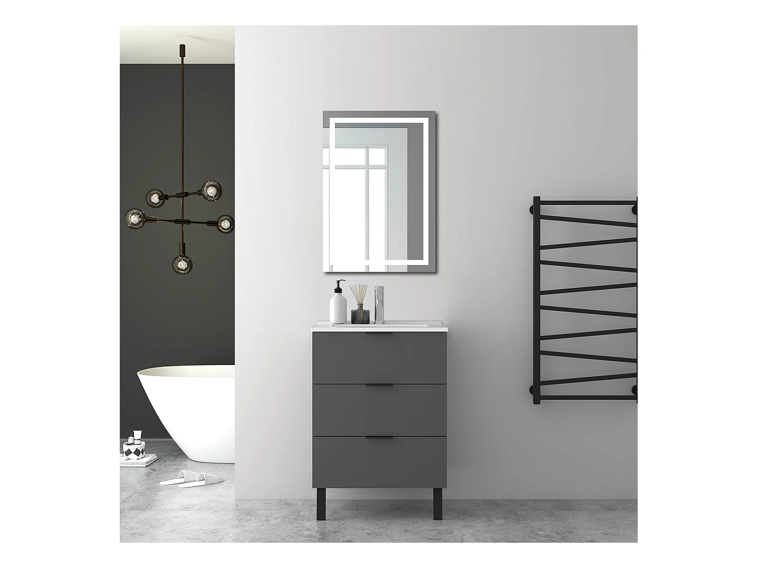 AICA Ensembles de meubles de Salle de Bain 60cm avec Pieds, et blanc vasque en céramique, 3 tiroirs, Anthracite, Style Moderne