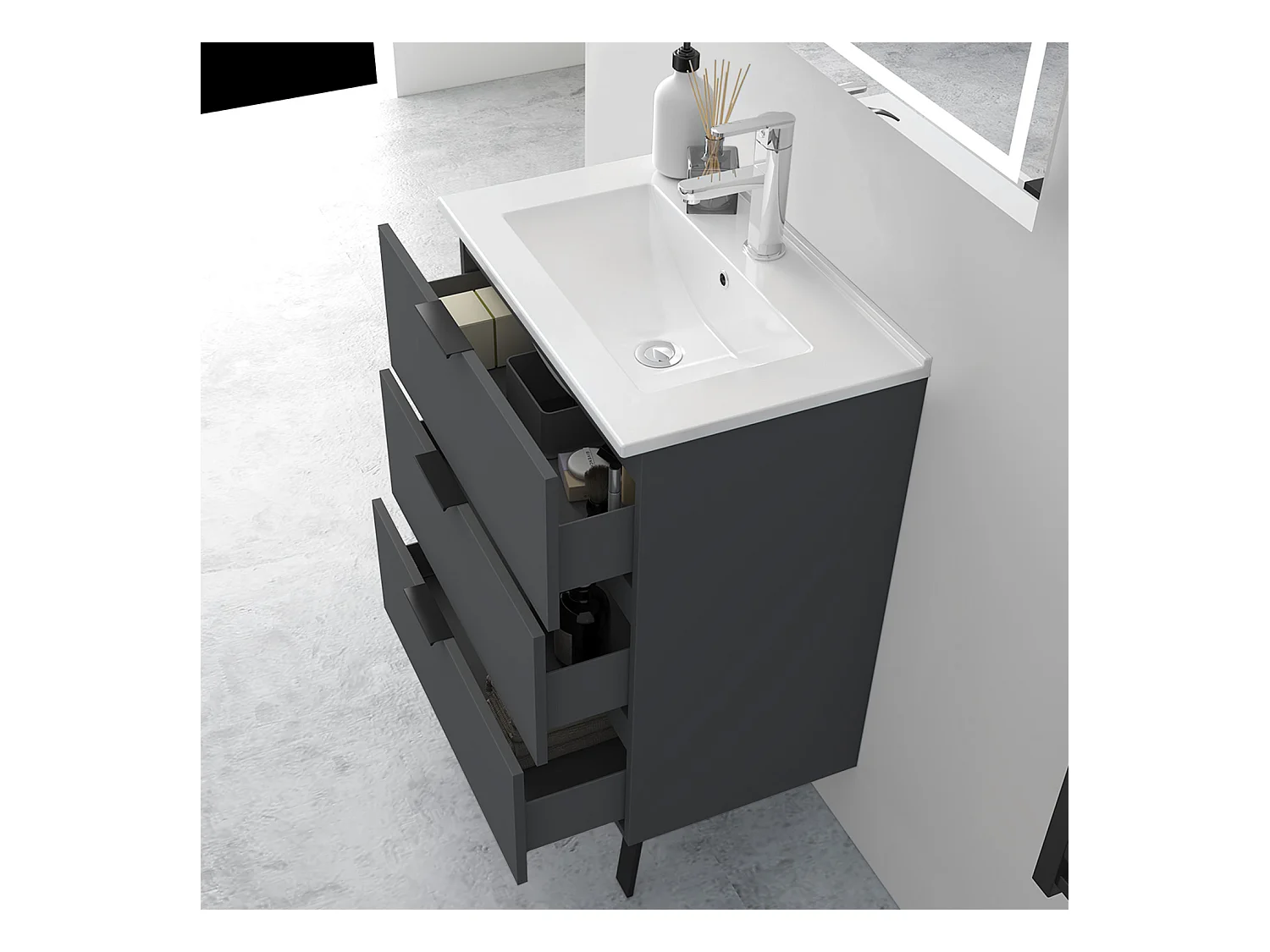 AICA Ensembles de meubles de Salle de Bain 60cm avec Pieds, et blanc vasque en céramique, 3 tiroirs, Anthracite, Style Moderne