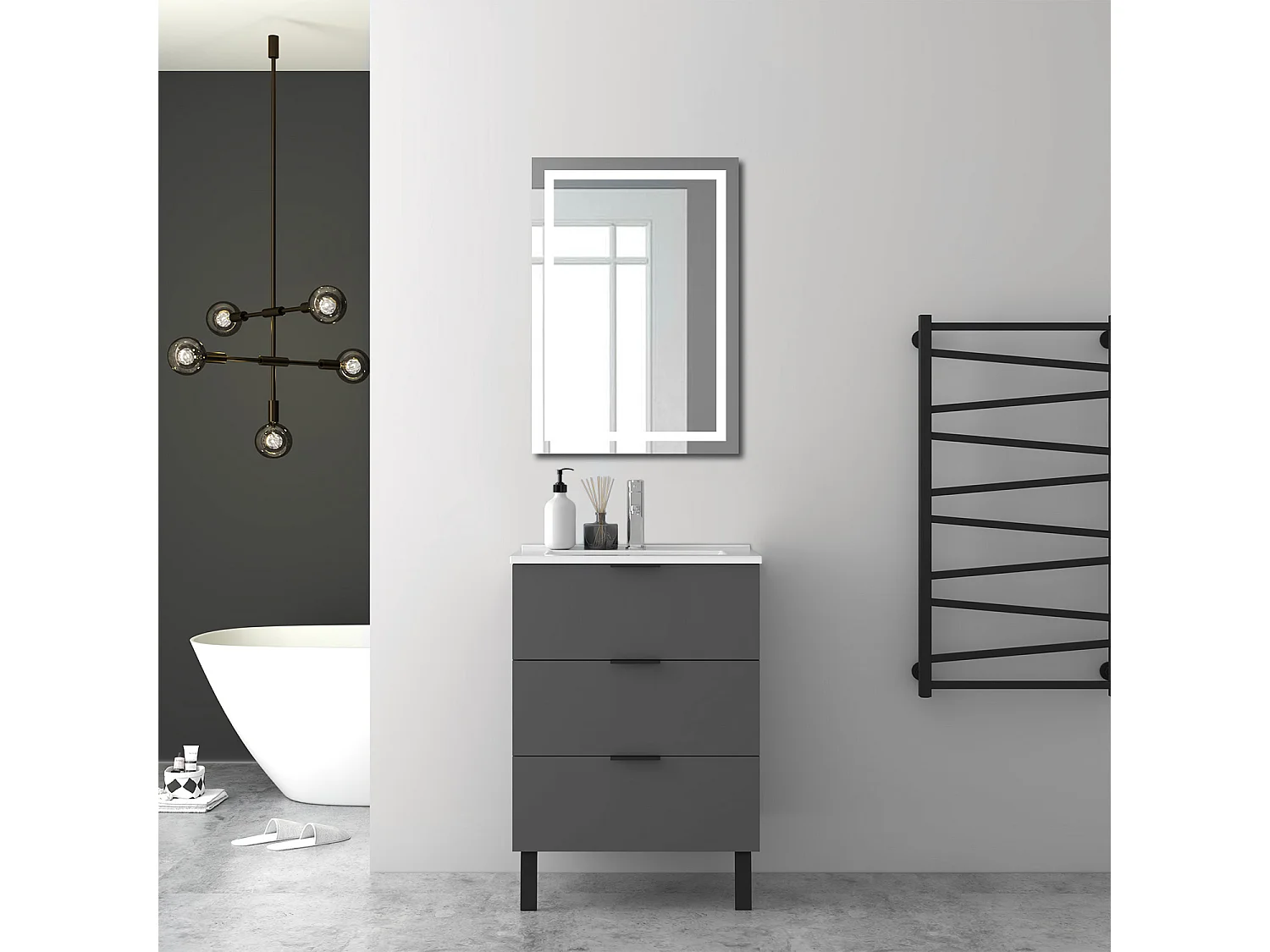 AICA Ensembles de meubles de Salle de Bain 60cm avec Pieds, et blanc vasque en céramique, 3 tiroirs, Anthracite, Style Moderne